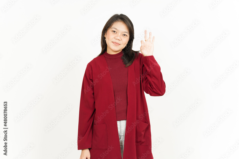 Showing Ok Sign Of Beautiful Asian Woman Wearing Red Shirt Isolated On White Background Showing Ok Sign Of Beautiful Asian Woman Wearing Red Shirt Isolated On White Background