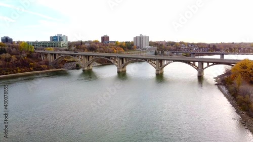 Cinematic Drone Over Saskatchewan River in Saskatoon, Saskatchewan, Canada photo