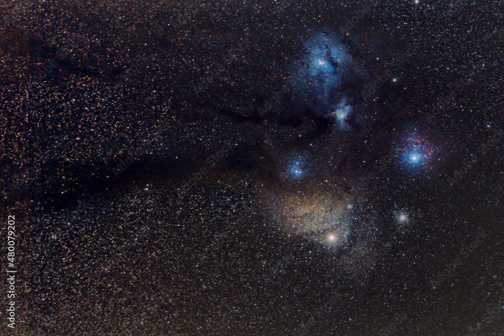 The region of Antares with emission and reflection nebula and globular cluster M4 on the night sky