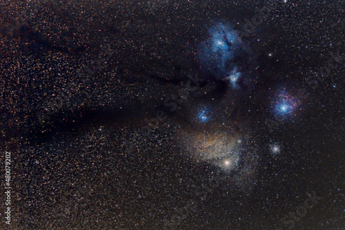 The region of Antares with emission and reflection nebula and globular cluster M4 on the night sky