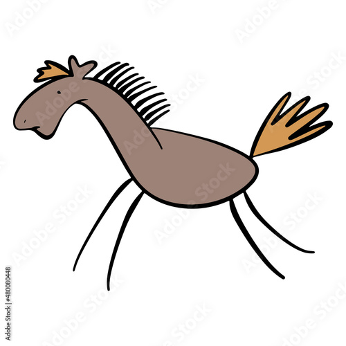 Funny brown horse. A creative stallion on a white background. Rock art in the style of naive art. Vector illustration. An element for greeting cards  posters  stickers and other designs.