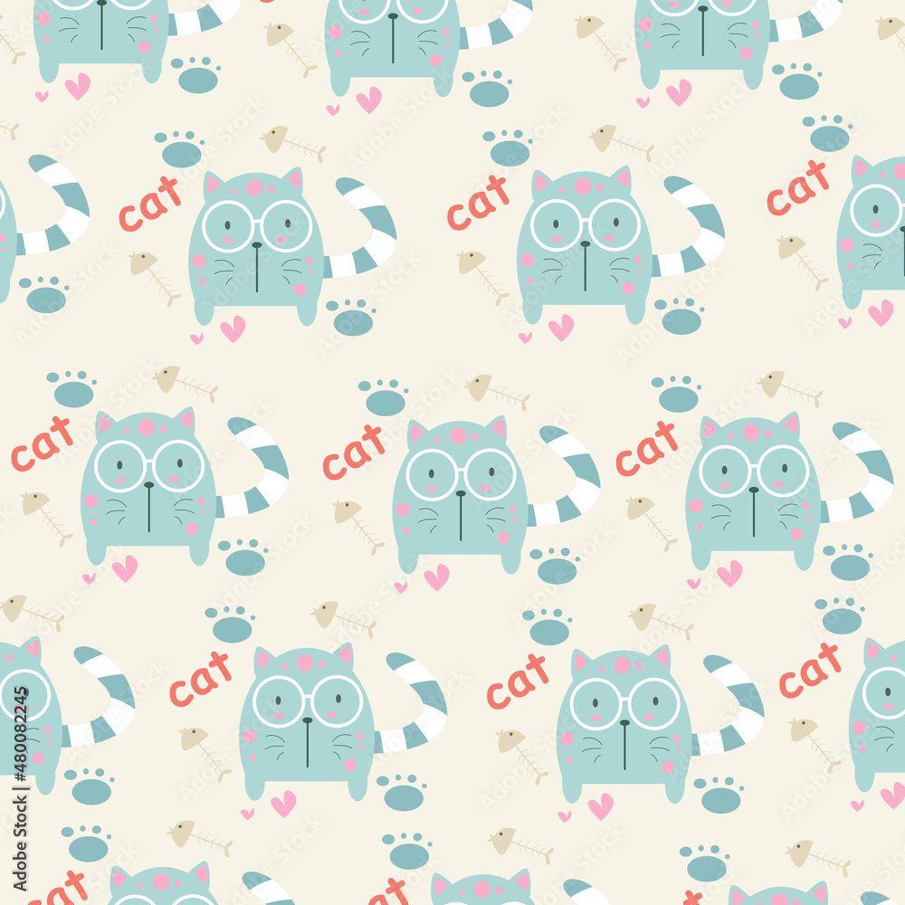 Obraz premium Hand drawn seamless pattern abstract cute cat cartoon premium vector for kids and baby. Print on t shirts, fabric, linen, textile and wallpaper background