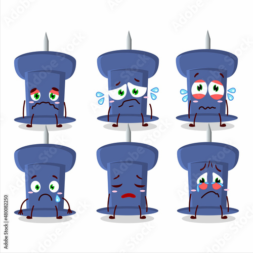 Blue push pin cartoon character with sad expression