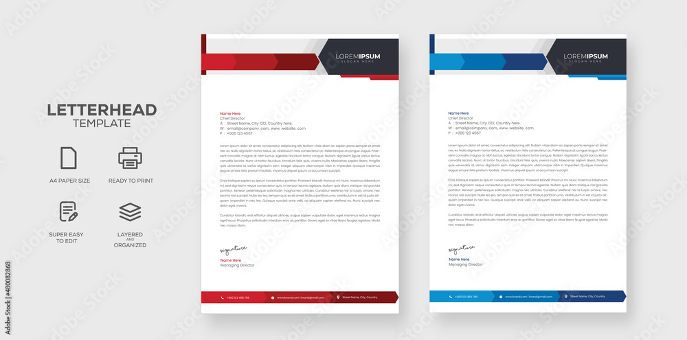 Business style corporate modern letterhead design template Blue, red and black
