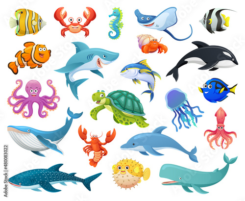 Canvas Set of fish and sea animals in cartoon style