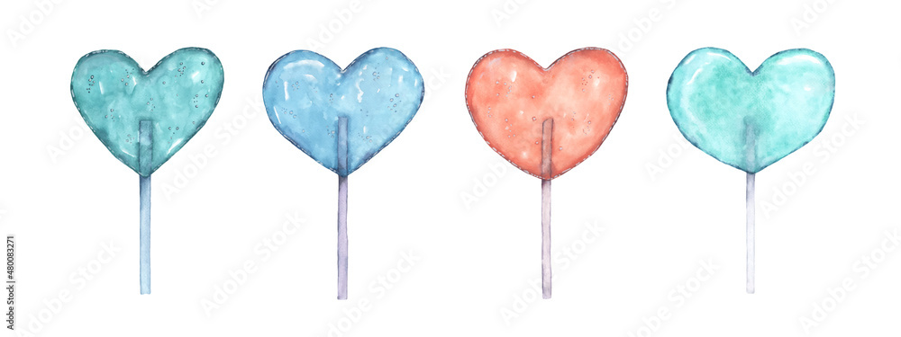 Set of heart-shaped lollipop cute with bright watercolor