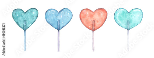 Set of heart-shaped lollipop cute with bright watercolor
