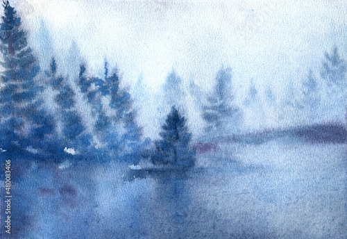Landscape with misty winter forest, river and mountains. Watercolor illustration. Oriental painting