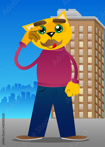 Funny cartoon cat confused, scratching his head. Vector illustration. Cute orange, yellow haired young kitten.