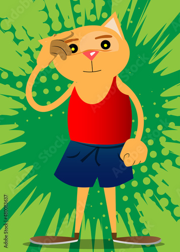 Funny cartoon cat confused, scratching his head. Vector illustration. Cute orange, yellow haired young kitten.