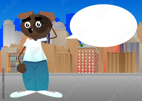 Funny cartoon dog confused, scratching his head. Vector illustration.