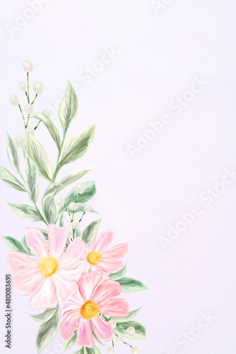Spring flowers. Greeting card design. Botanical decoration for wedding invitations. Arrangement of pink and white wildflowers.
