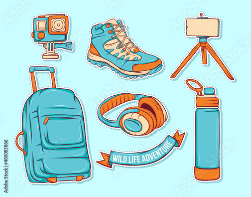 Colorful hand drawn travel with some element stickers collection