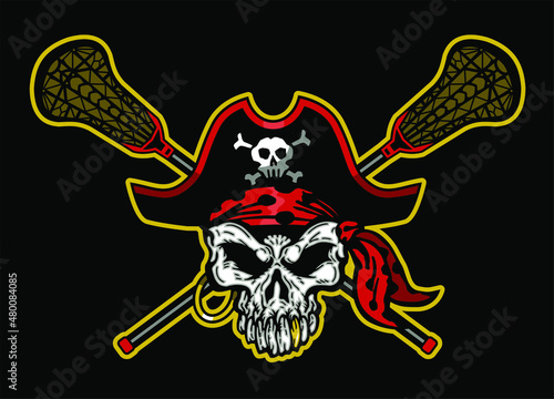pirate skull mascot with crossed lacrosse sticks for school, college or league
