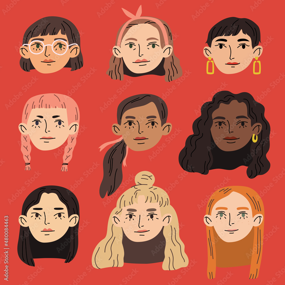 Set of diverse female faces. Cute portraits of women. Hand drawn vector colorful cartoon style illustration Set of diverse female faces. Cute portraits of women. Hand drawn vector colorful cartoon style illustration