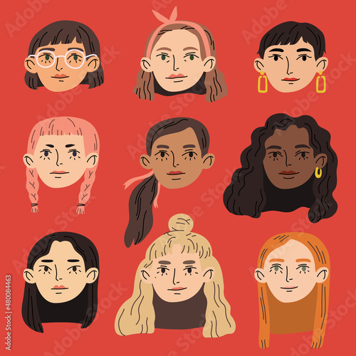 Set of diverse female faces. Cute portraits of women. Hand drawn vector colorful cartoon style illustration
