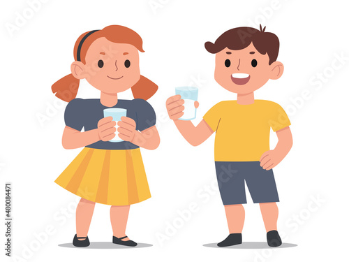 Cute little kids with a glasses of milk. Vector flat cartoon style illustration