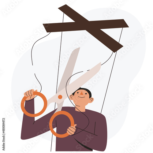 Happy man stopping being manipulated. Free from controlling and manipulation concept. Vector flat cartoon style illustration
