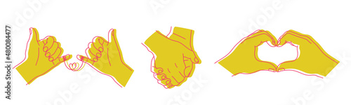 Set of different hand gestures. Holding hands, showing heart shape, red thread of fate. Valentine's day greeting card. Hand drawn vector line art illustration