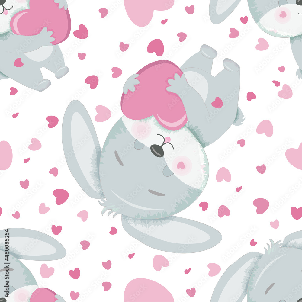 Seamless pattern with a gray bunny with a heart. Seamless pattern with a gray bunny with a heart.
