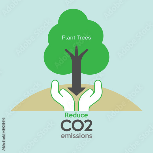 Hands plant tree with down arrow shape trunk as a gimmick of way to reduce CO2 emissions. Vector illustration outline flat design style.