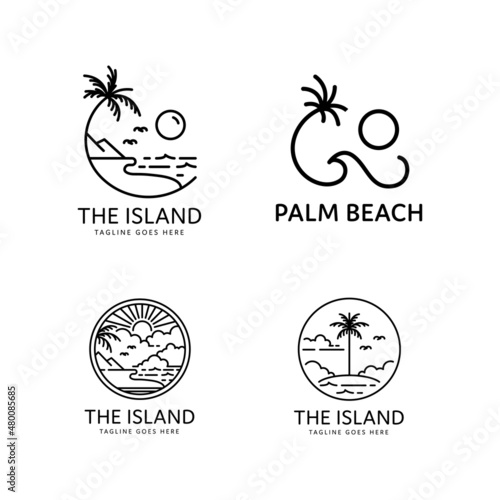 beach and palm tree logo collection on tropical island monoline style design