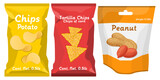 Fries chips tortilla and peanuts snack food bags concept illustration vector
