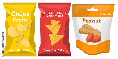 Fries chips tortilla and peanuts snack food bags concept illustration vector