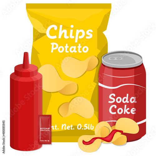 Bag of fries potato with sauce ketchup and soda drink concept food illustration vector