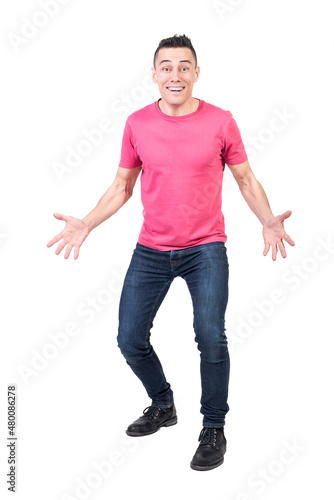 Surprised man in light studio. White background