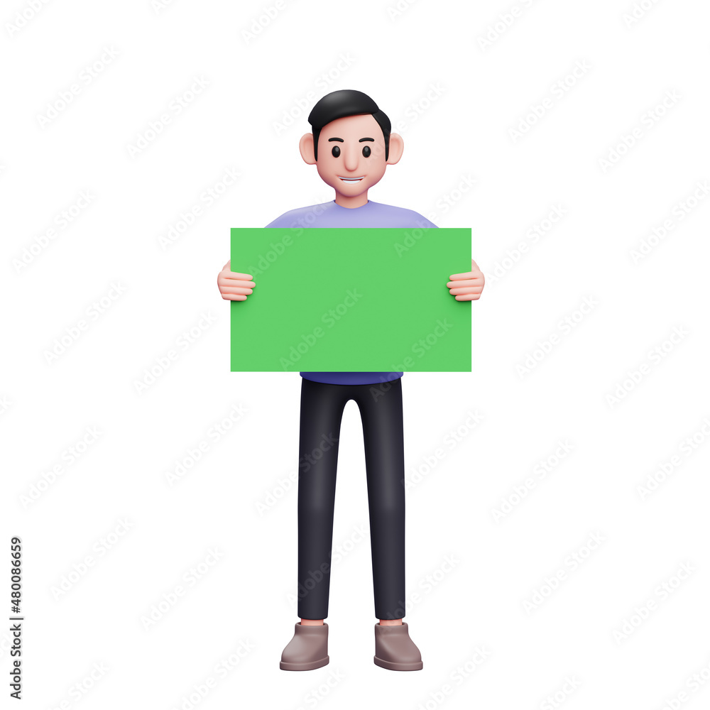 3d Character illustration Casual man holding a green banner with both hands in front of his body 3d Character illustration Casual man holding a green banner with both hands in front of his body