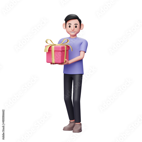 3d Character illustration of casual man carrying a pink gift while walking to celebrate valentine's day