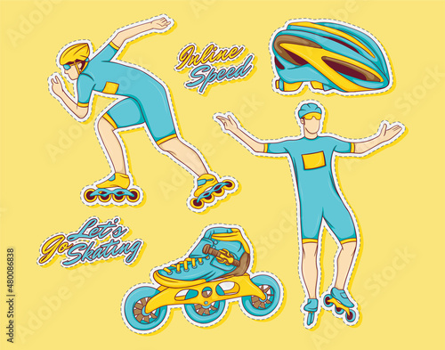 Colorful hand drawn inline speed skating with roller skate stickers collection photo