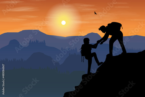 cute couple hiking silhouette graphic