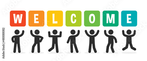 People holding welcome sign banner.