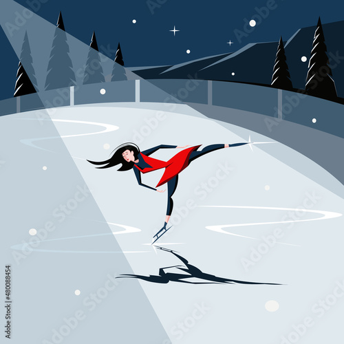 A figure skater on an outdoor skating rink. Vector illustration