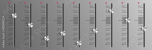 Slider, sound mixer, volume level, channel balance knobs. Console or dj panel with switchers, equalizer tuners for audio stereo system, recording studio equipment, Realistic 3d vector illustration
