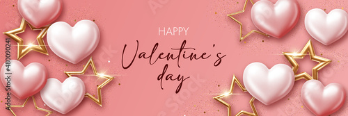 Valentines Day background with 3d hearts and stars. Design element for greeting card or sale banner. Vector illustration