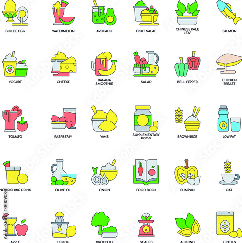 Healthy Food flat vector color icon collection set photo