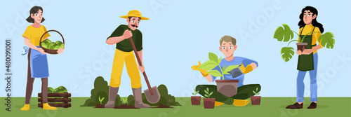 Gardening or farm works. Men and women cottagers planting and caring of trees and plants, harvesting crop and digging soil. Happy characters working in summer garden, Cartoon vector illustration