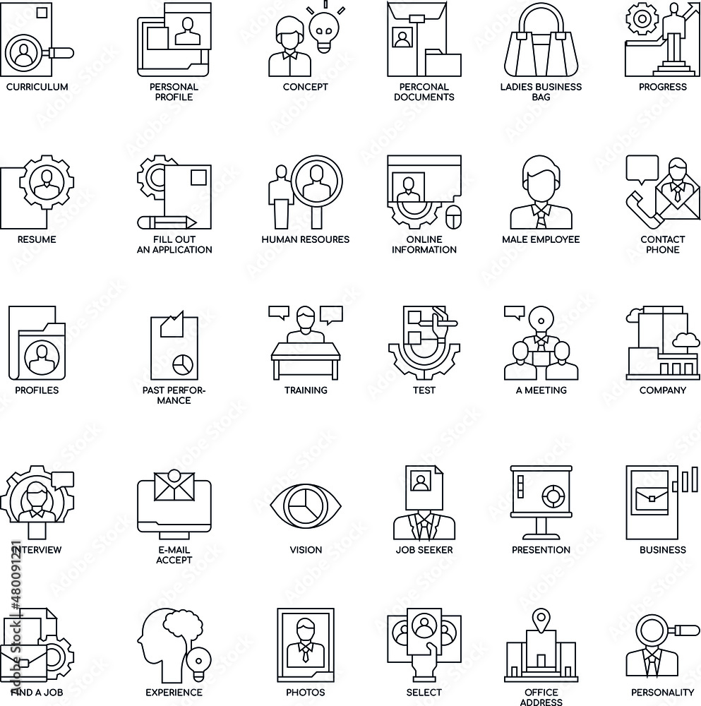 Job and Resume Outline flat vector icon collection set