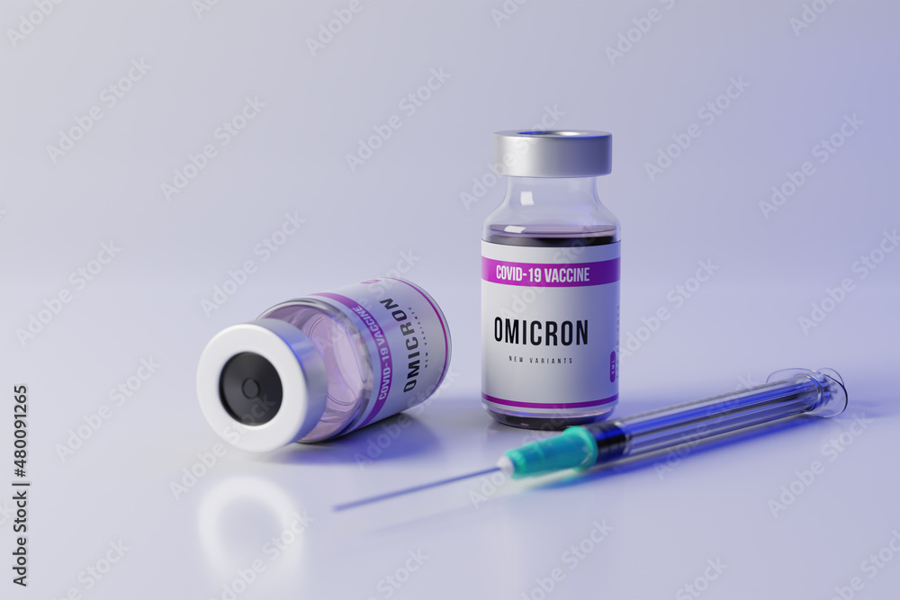 COVID-19 VACCINE for new strain omicron. New Variant of Covid-19 Omicron. Injectable vaccine for the vaccination program of coronavirus Omicron. 3d render illustration. COVID-19 VACCINE for new strain omicron. New Variant of Covid-19 Omicron. Injectable vaccine for the vaccination program of coronavirus Omicron. 3d render illustration.