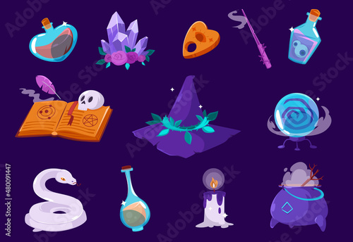 Cartoon magic items crystal globe, potion bottle, snake, witch hat, burning candle and wand, spell book and cauldron. Elements for computer game, isolated wiz stuff, Vector illustration, icons set