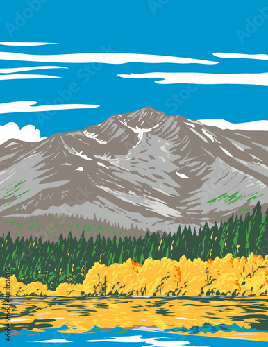 WPA poster art of Fallen Leaf Lake viewed from Taylor Creek Trail in the fall located in El Dorado County, California, United States done in works project administration style.
