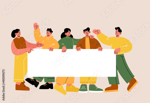 Happy people holding empty banner, smiling characters group displaying white blank placard for text or advertising. Cheerful men and women friends hug, waving hands, Flat vector line art illustration