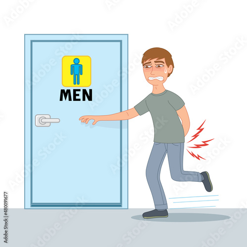 Cartoon a man having stomach ache in front of the bathroom, vector illustration cartoon