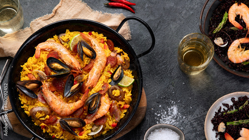 Seafood Paella on gray background.
