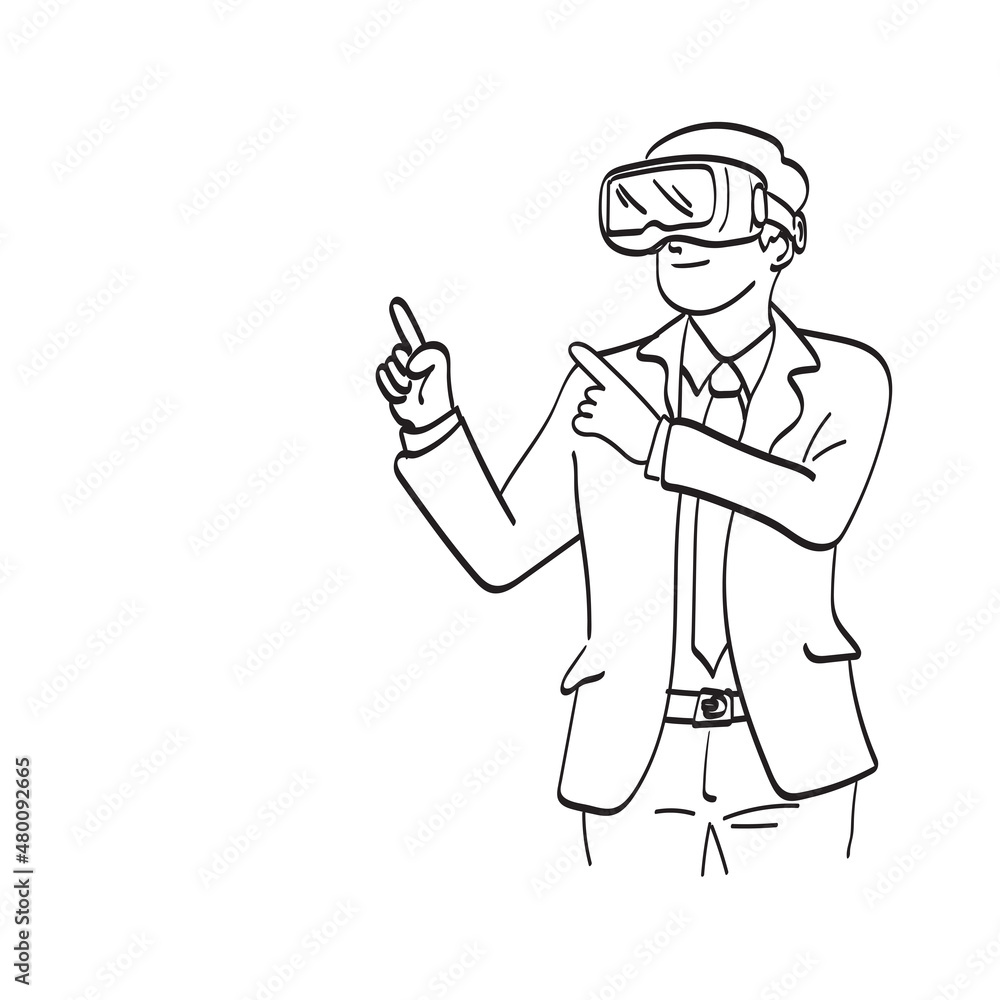 line art businessman with vr goggles pointing with finger at objects in digital world illustration vector hand drawn isolated on white background line art businessman with vr goggles pointing with finger at objects in digital world illustration vector hand drawn isolated on white background