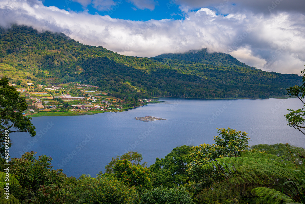 A panoramic view on Buyan lake from the Buyan lake viewpoint on Bali island in Indonesia
