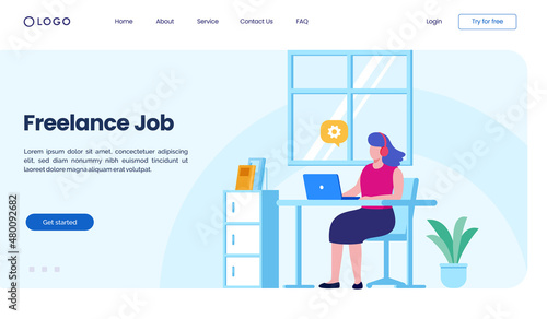 Freelance job work at home with laptop easy remote work. online business design flat vector illustration